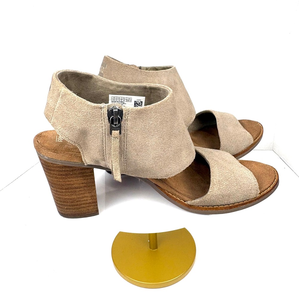 TOMS Majorca Suede Cutout Sandal Bootie Block Heel Tan Beige 9.5 Boho Chic Comfy